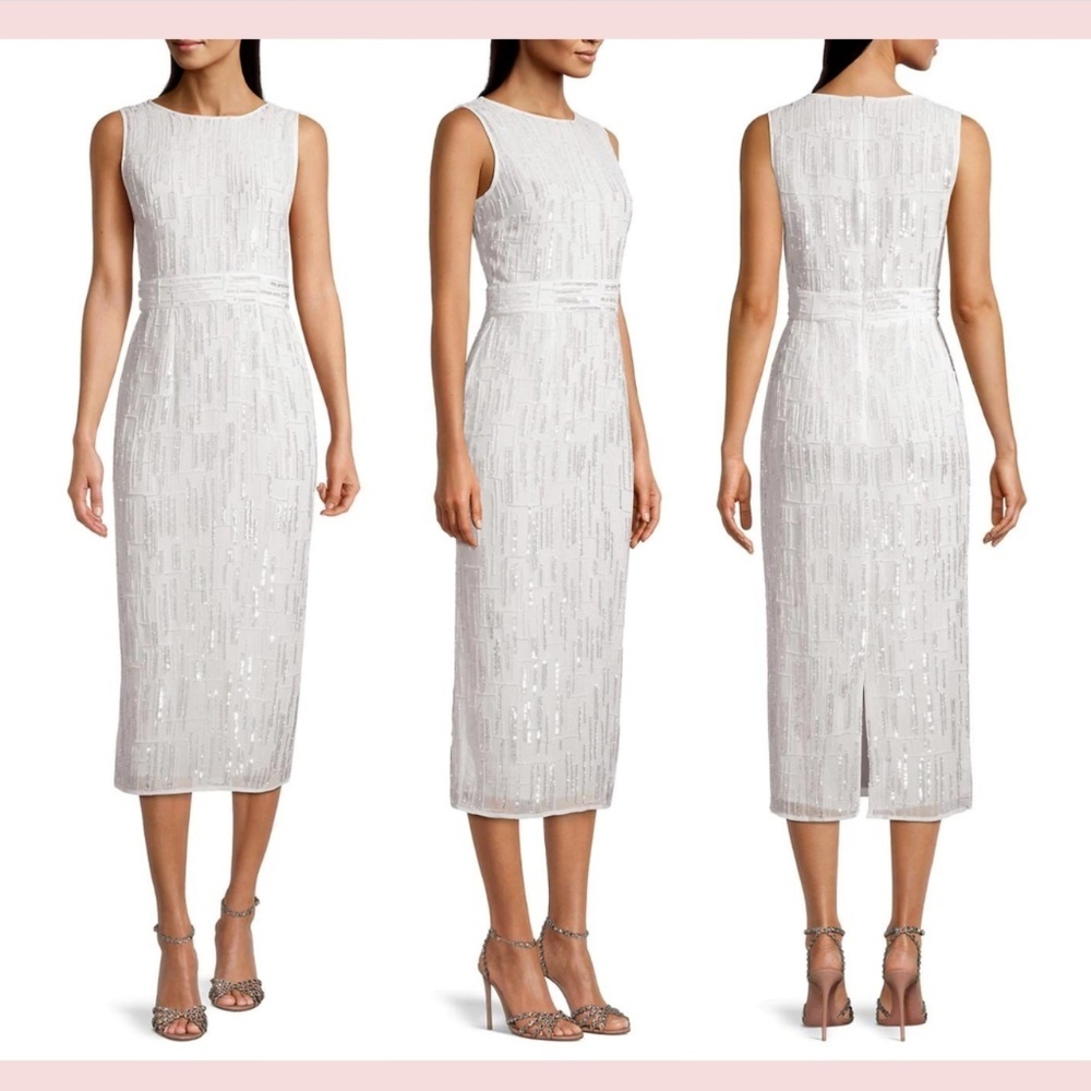 NEW $398 Mac Duggal [ 12 ] Sleeveless Sequin Sheath Midi Dress in‎ White